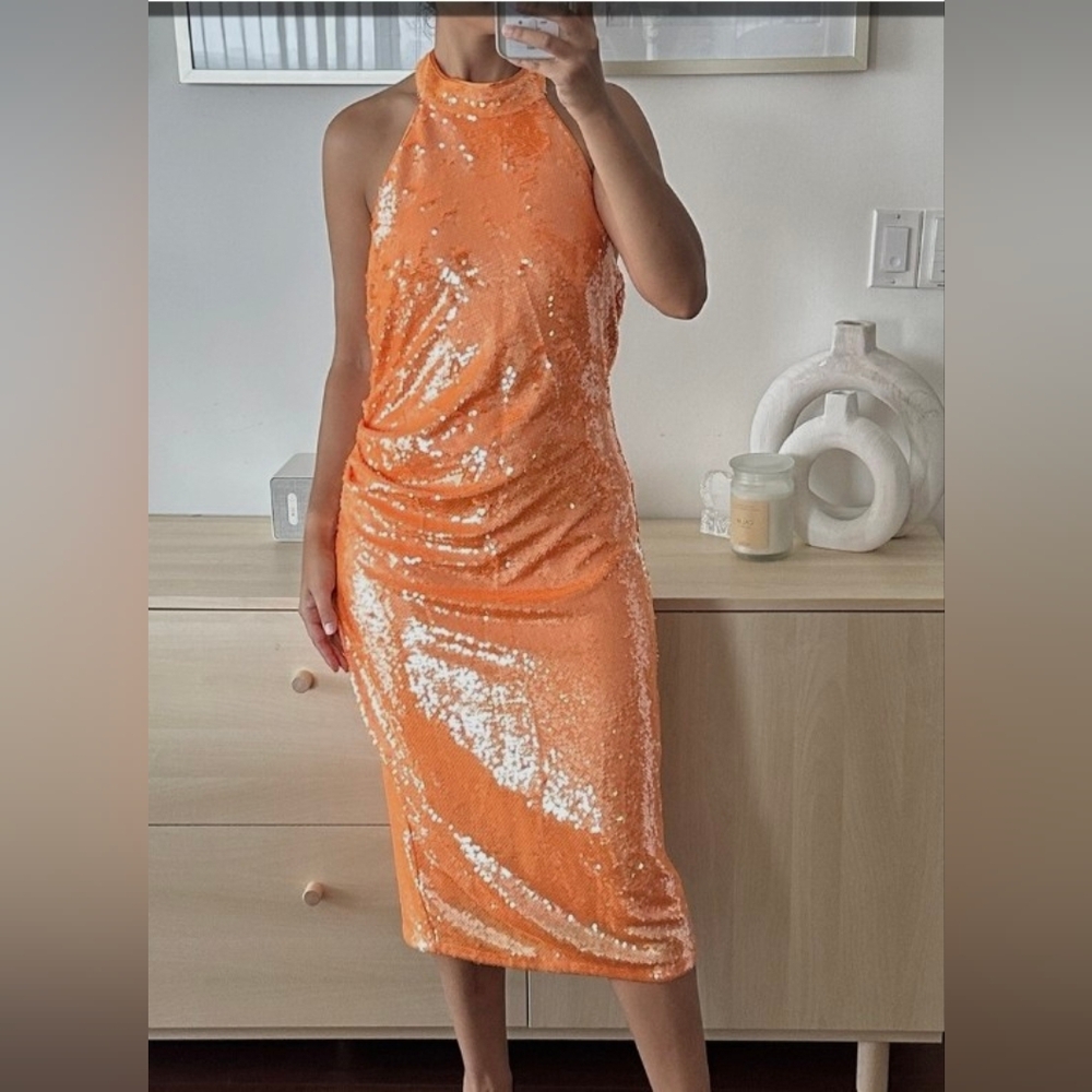 Caroline Constas Shimmering Orange Sequin Midi Dress